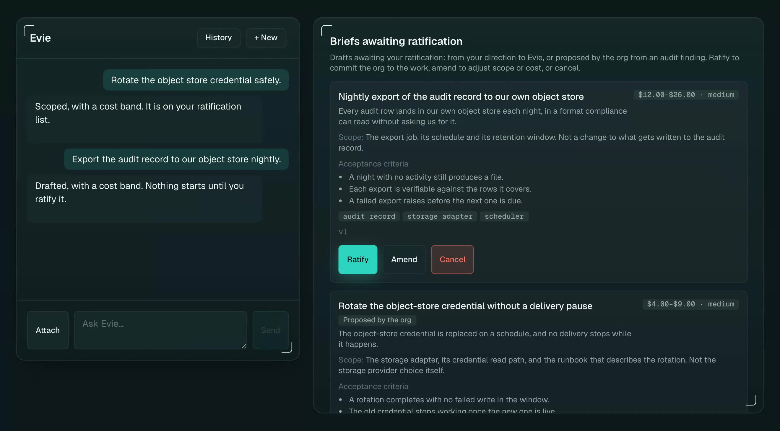 A Brief awaiting ratification in the console: the outcome, the scope, what is deliberately out, the acceptance criteria, and a cost band with its confidence.