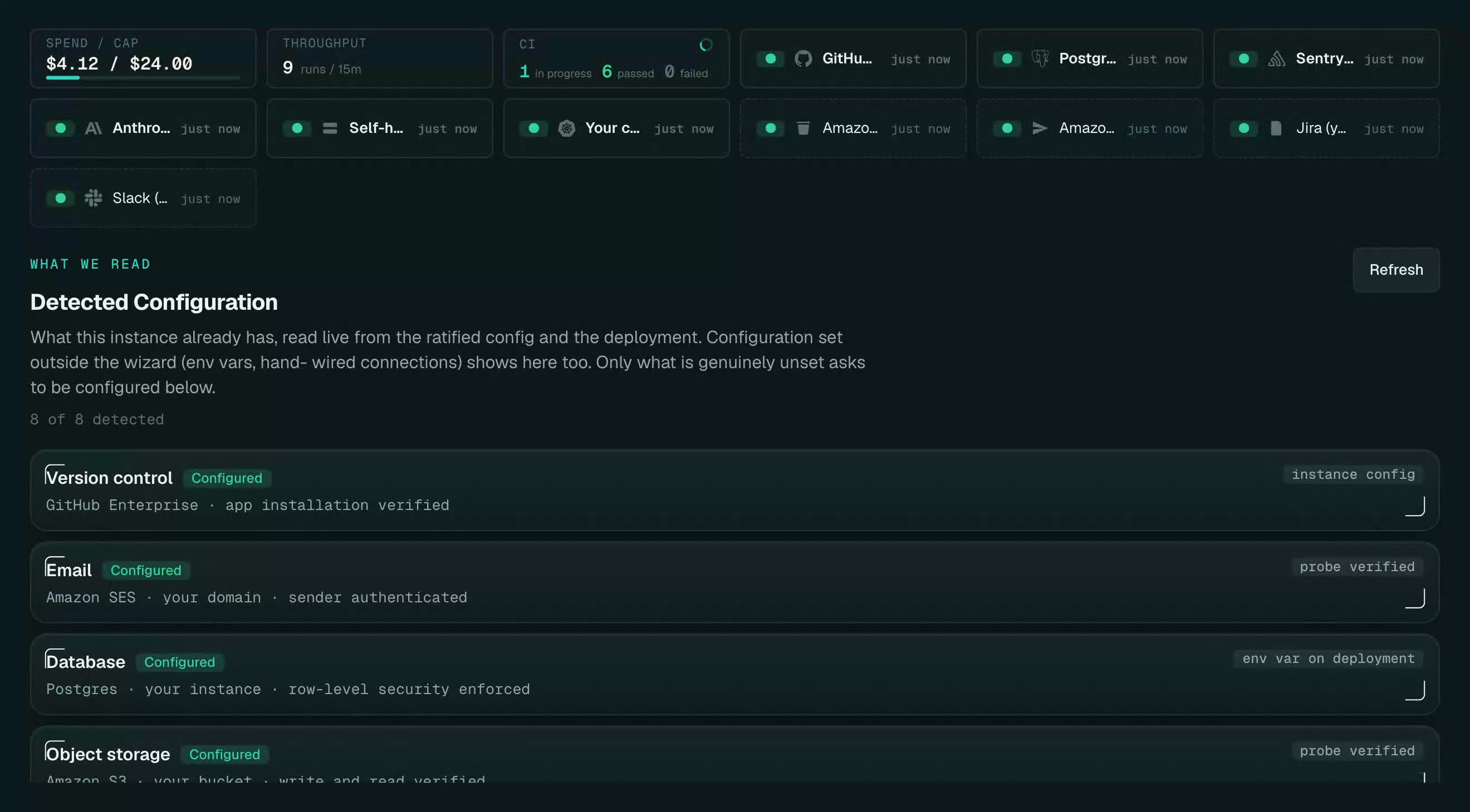 The console's status board over a customer's own version control, database, object store, model account, mail path and work source, each named beside the source the console read it from.