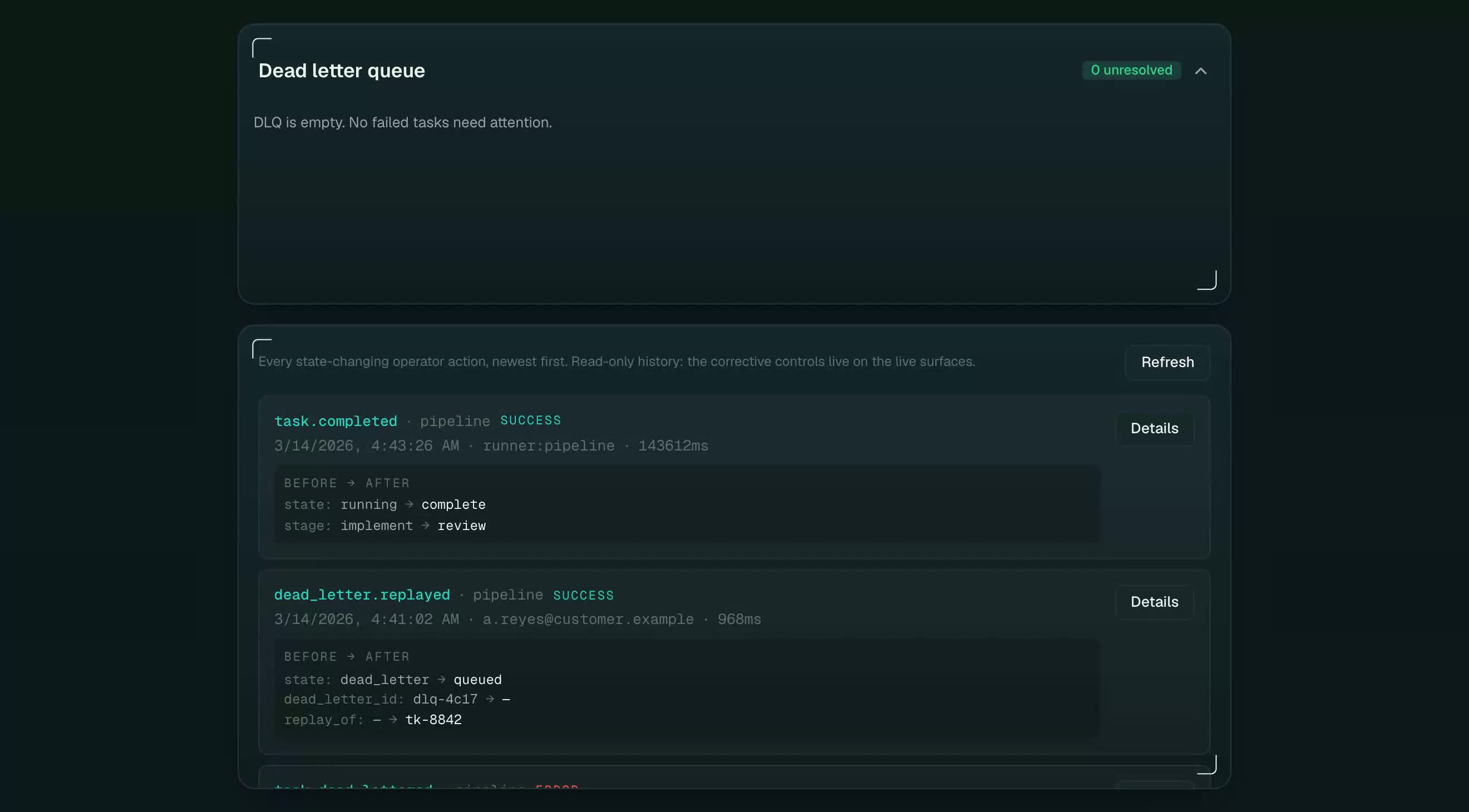 A failed run parked in the console's work queue with Retry, Resolve and Inspect on the row, and the replay it triggered standing on the audit record below.