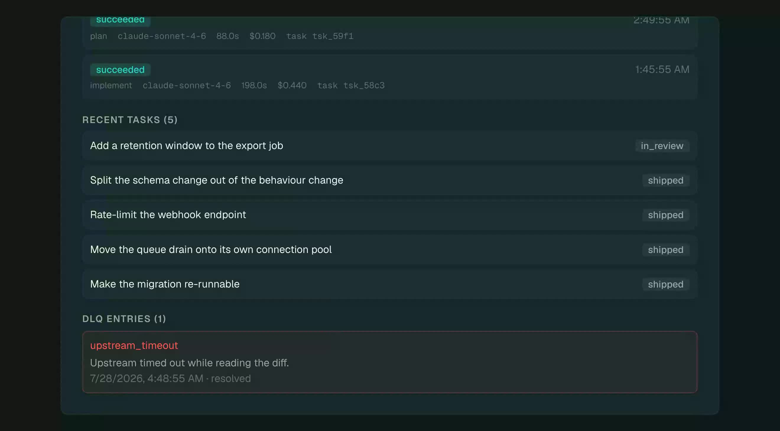 A single seat in the console, showing its identifier, its pod, the model it runs, its daily budget cap with the day's spend against it, and the record of every run it has taken.